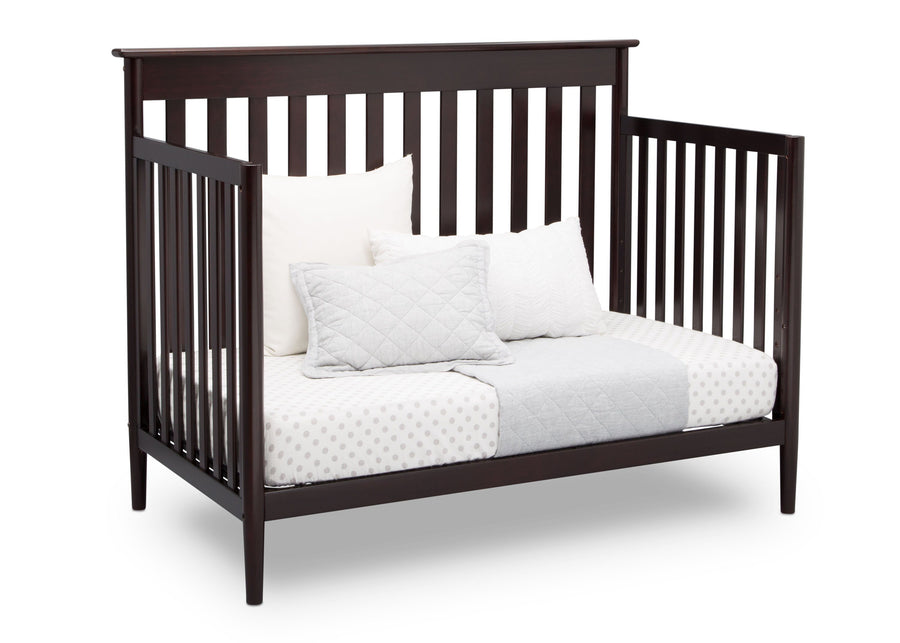 Delta Children Dark Chocolate (207) Greyson Signature 4-in-1 Crib, angled conversion to daybed, c4c 16-Greyson Signature 4-in-1 Convertible Crib