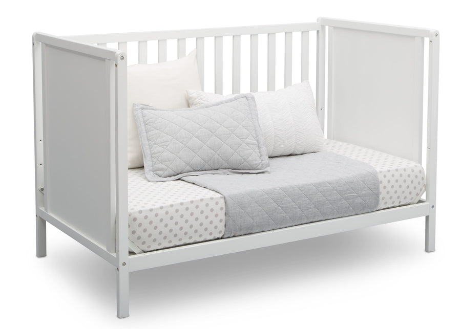 Delta Children Bianca White (130) Heartland Classic 4-in-1 Convertible Crib, Day Bed Angle, c5c 17-Heartland Classic 4-in-1 Convertible Crib