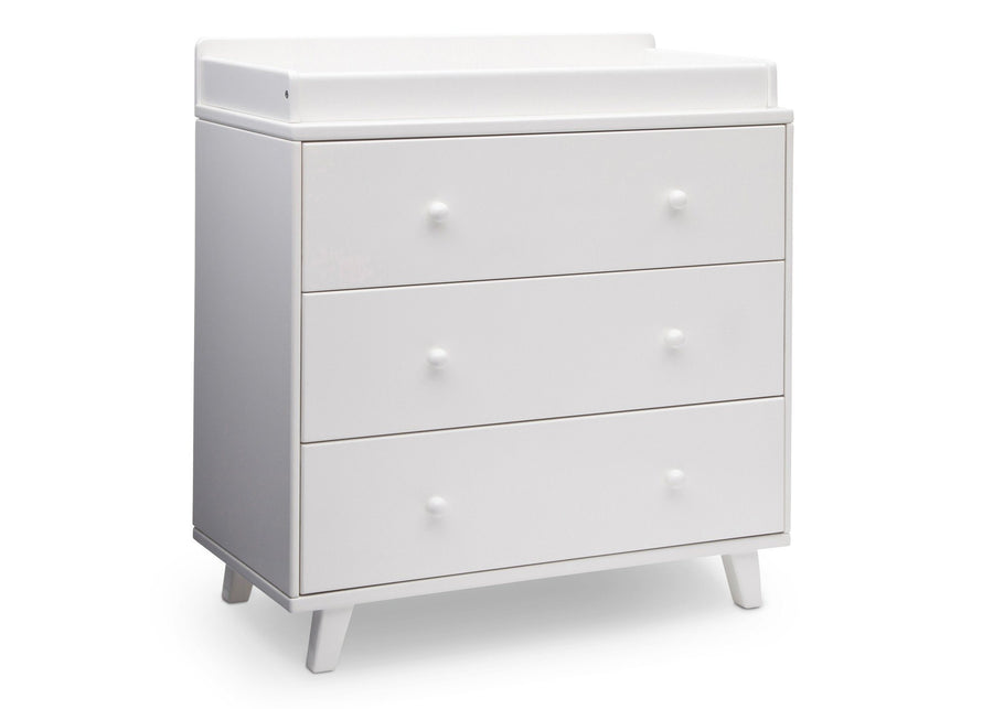 Delta Children White (100) Ava 3 Drawer Dresser with Changing Top, Side View a2a 3-Ava 3 Drawer Dresser with Changing Top