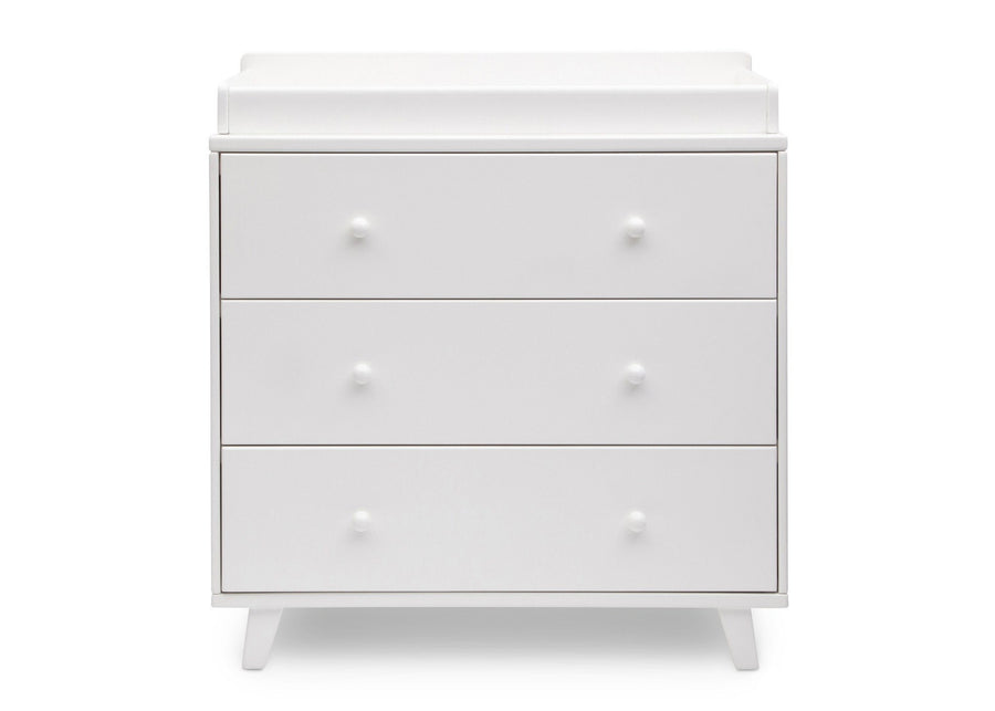 DCB: Delta Children White (100) Ava 3 Drawer Dresser with Changing Top, Front View a1a 2-Ava 3 Drawer Dresser with Changing Top