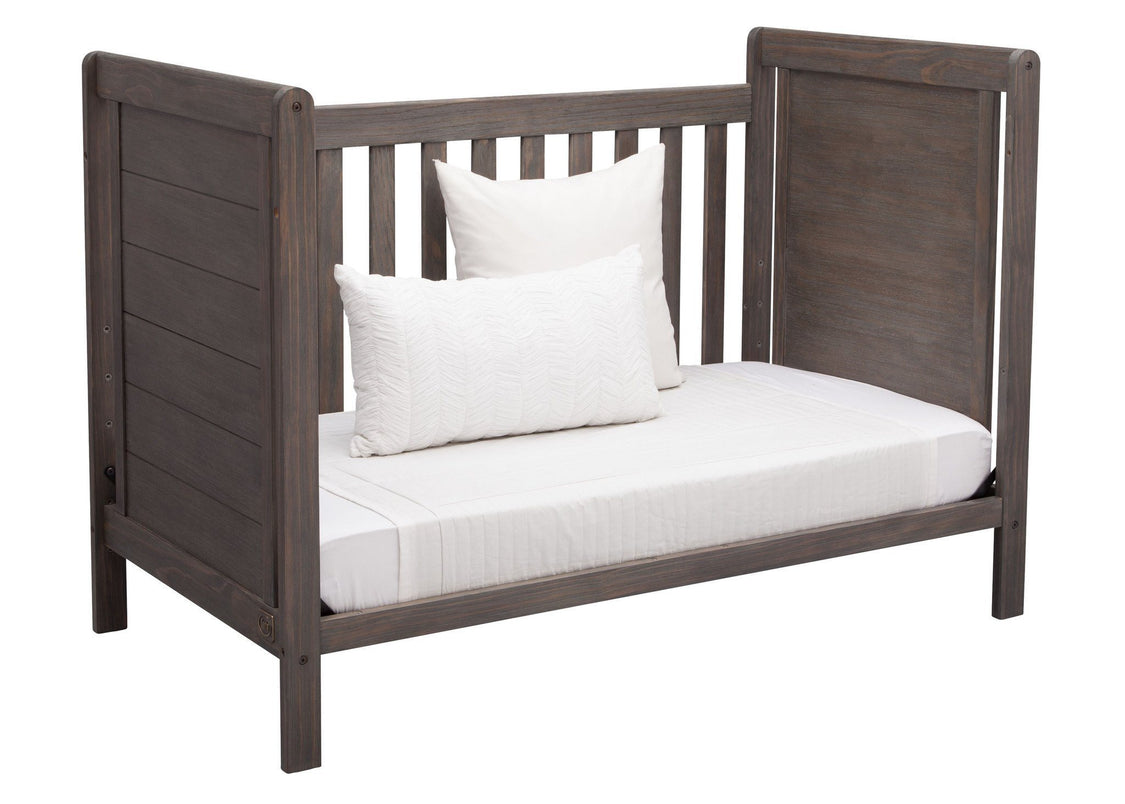 Delta Children Rustic Grey (084) Cali 4-in-1 Crib, angled Conversion to daybed, a5a