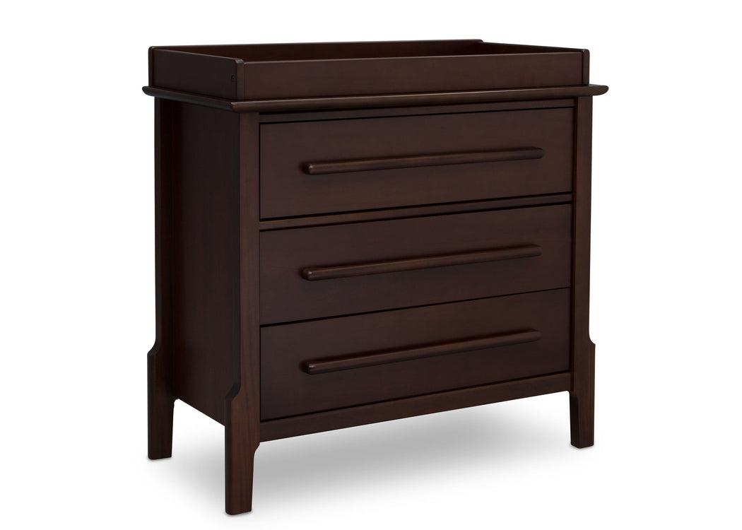 Serta Walnut Espresso (1324) Mid-Century Modern 3 Drawer Dresser with Changing Top, Angle c2c