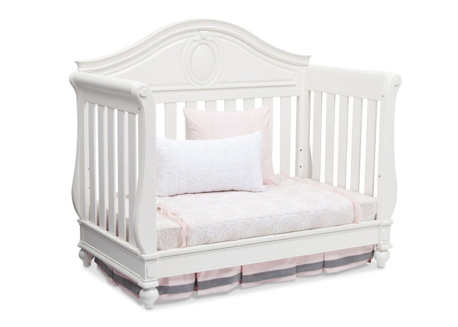 Delta Children White Ambiance (108) Princess Magical Dreams 4-in-1 Crib Side View, Day Bed Conversion b6b 4-Disney Princess Magical Dreams 4-in-1 Crib