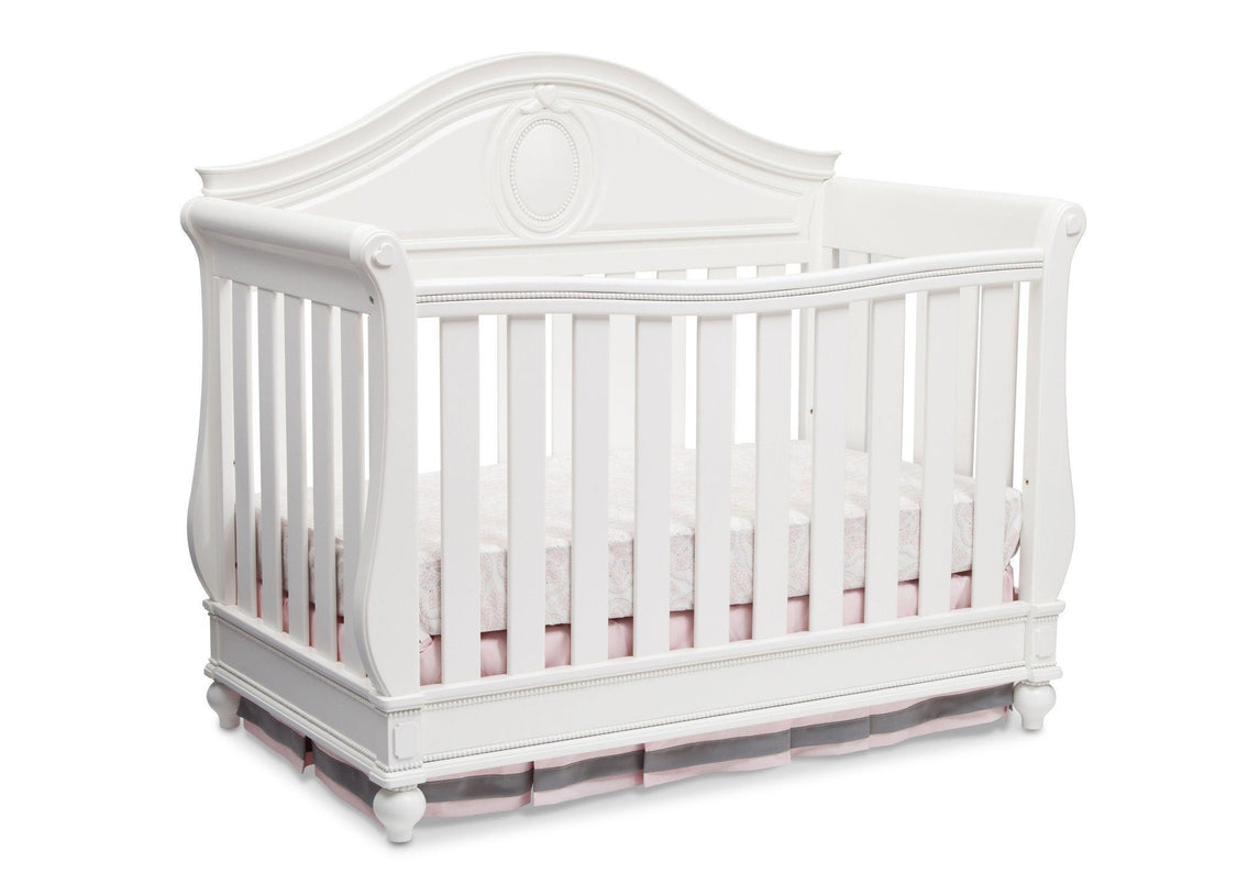 Delta Children White Ambiance (108) Princess Magical Dreams 4-in-1 Crib Side View, Crib Conversion