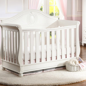 Delta Children White Ambiance (108) Princess Magical Dreams 4-in-1 Crib Front View, Crib Conversion, Detailed View b2b 17-Disney Princess Magical Dreams 4-in-1 Crib