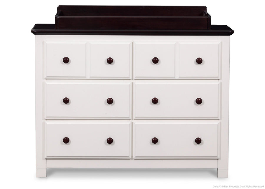 Delta Children White Ambiance / Dark Chocolate (127) Chalet 6 Drawer Dresser Front View with Dresser Topper b3b 4-Chalet 6 Drawer Dresser