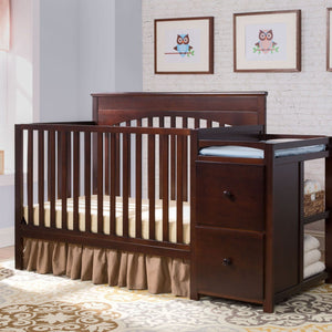 Delta Children Black Cherry Espresso (607) Layla Crib 'N' Changer Side View, Crib Conversion, Room View a1a 7-Layla Crib N Changer
