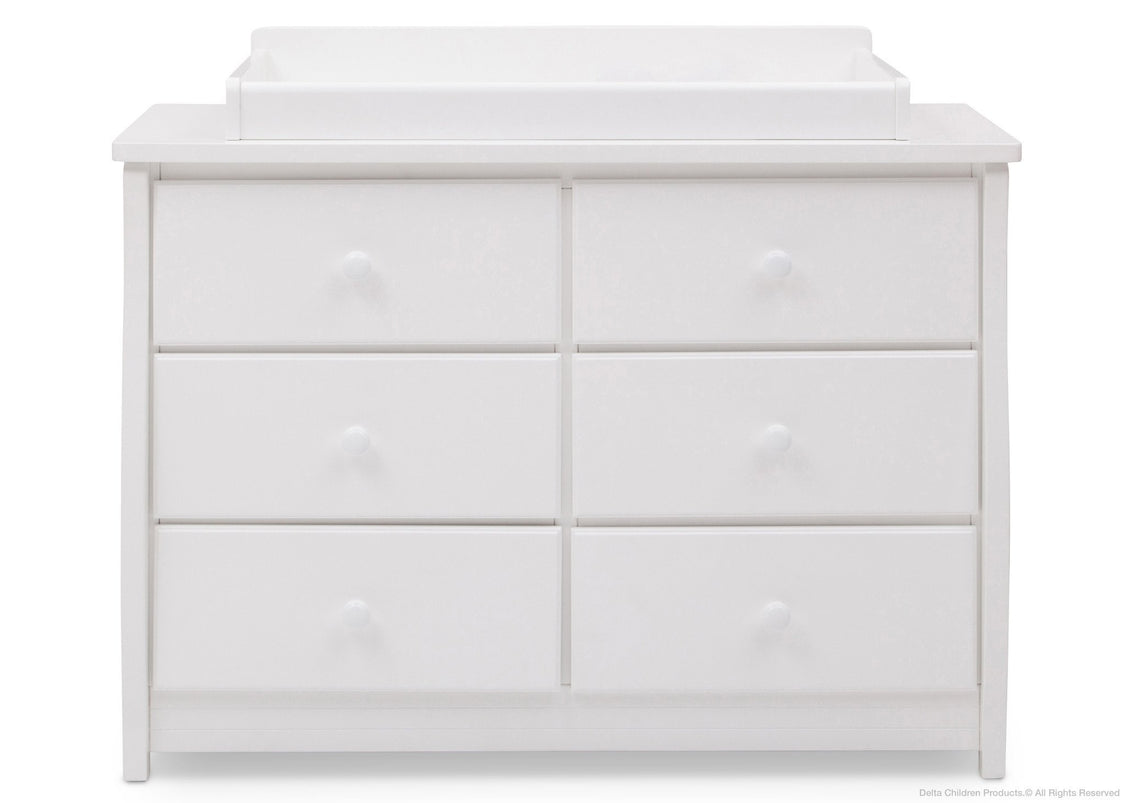 Delta Children Bianca White (130) Clermont 6 Drawer Dresser, Front View with Dresser Topper a4a