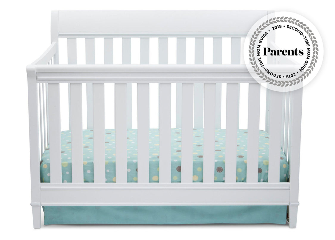 Delta Children White 100 Haven 4-in-1 Crib, Front View a1a with badge