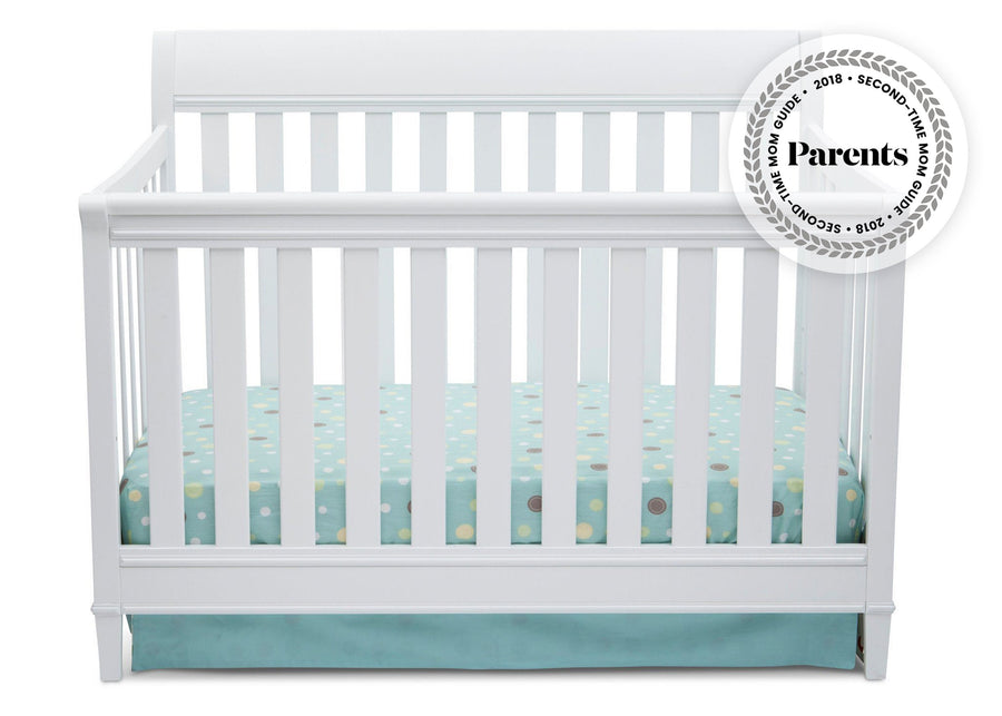 Delta Children White 100 Haven 4-in-1 Crib, Front View a1a with badge 2-Haven 4-in-1 Crib