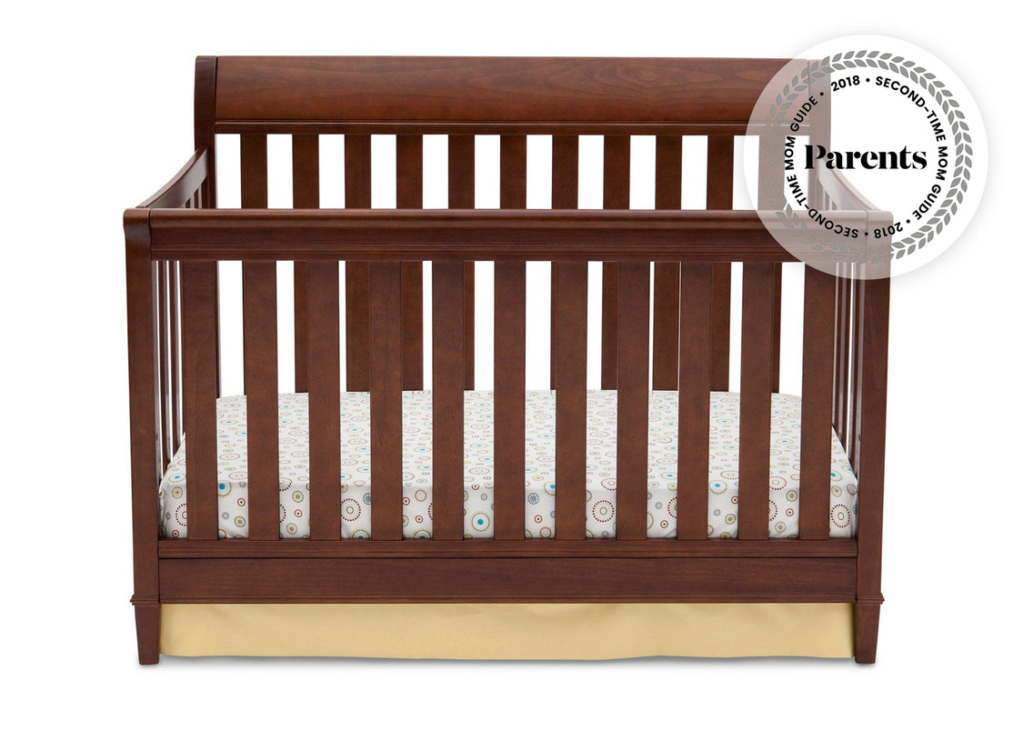 Delta Children Espresso Truffle 208 Haven 4-in-1 Crib, Crib Conversion Front View b1b with badge