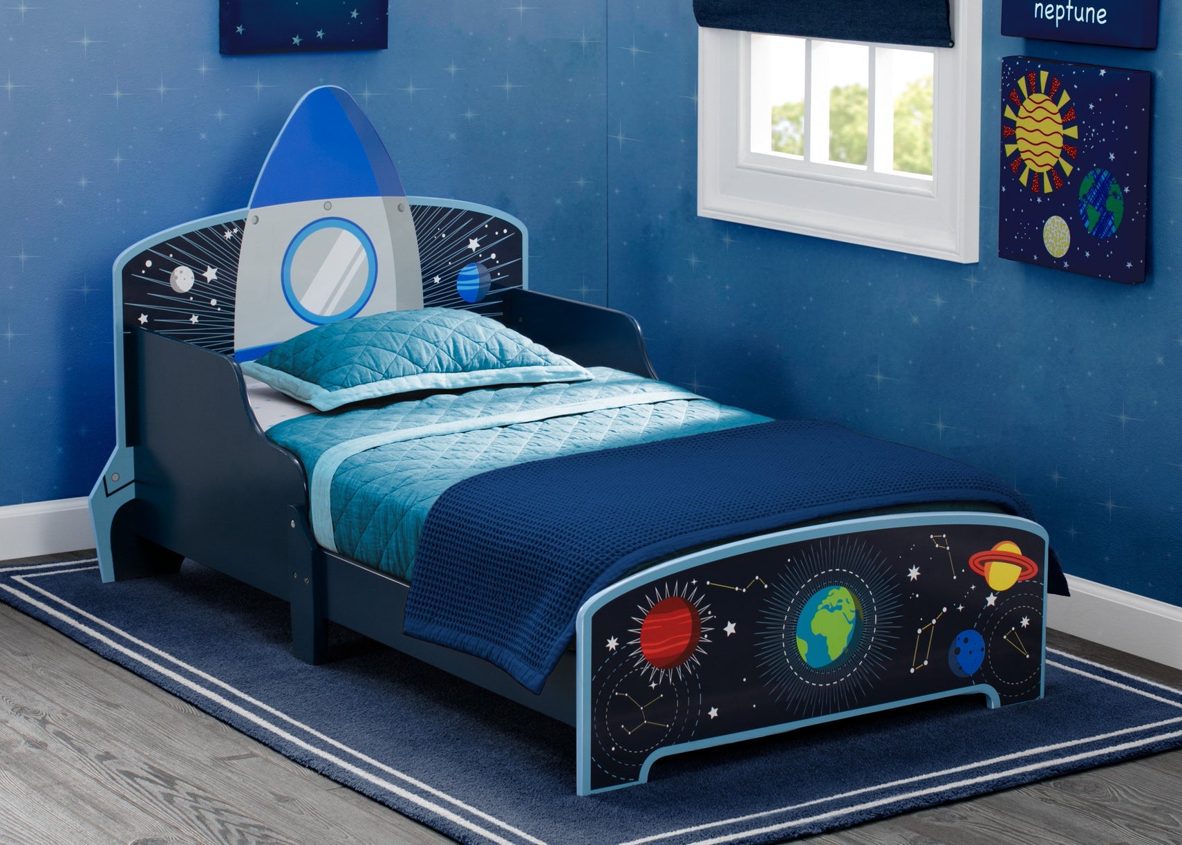Delta Children Space Adventures (1223) Rocket Ship Wood Toddler Bed, Hangtag View