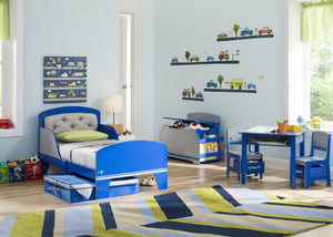 Delta Children Blue And Grey Jack and Jill Toddler Bed with Upholstered Headboard Style 1, Room View a1a 0