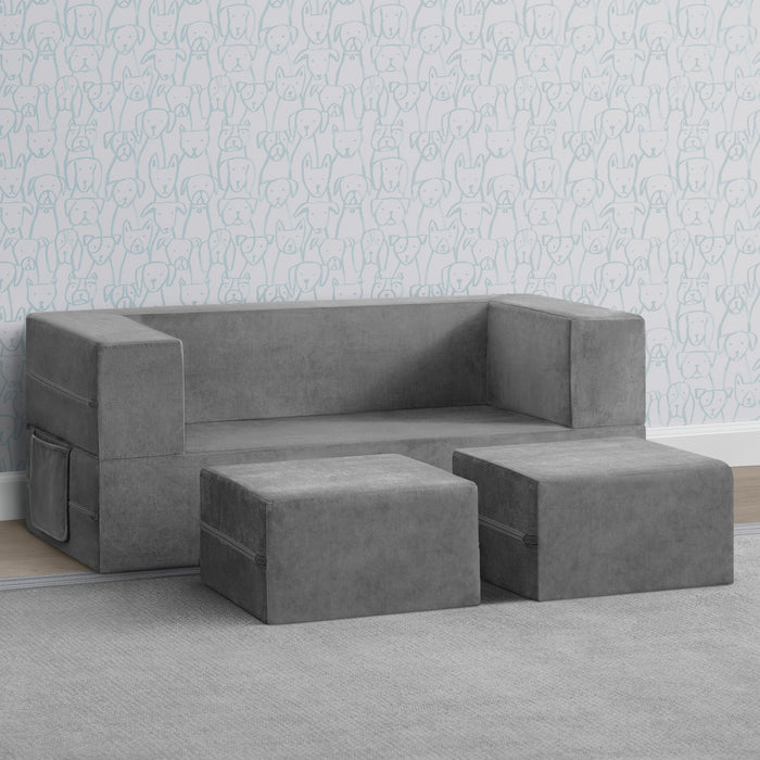 Grey Suede (5000) 3-Convertible Sofa and Play Set for Kids and Toddlers Modular Foam Couch and Flip Out Lounger with 2 Ottomans