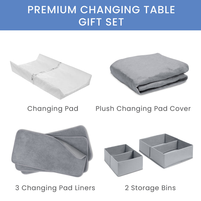 Grey Suede (5000) 4-7-Piece Essential Changing Table Set - Newborn Baby Gift Set for Boys and Girls – Set Includes Changing Pad, Plush Changing Pad Cover, 3 Changing Pad Liners and 2 Storage Bins
