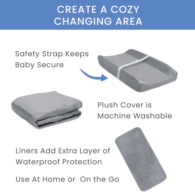 Grey Suede (5000) 5-7-Piece Essential Changing Table Set - Newborn Baby Gift Set for Boys and Girls – Set Includes Changing Pad, Plush Changing Pad Cover, 3 Changing Pad Liners and 2 Storage Bins