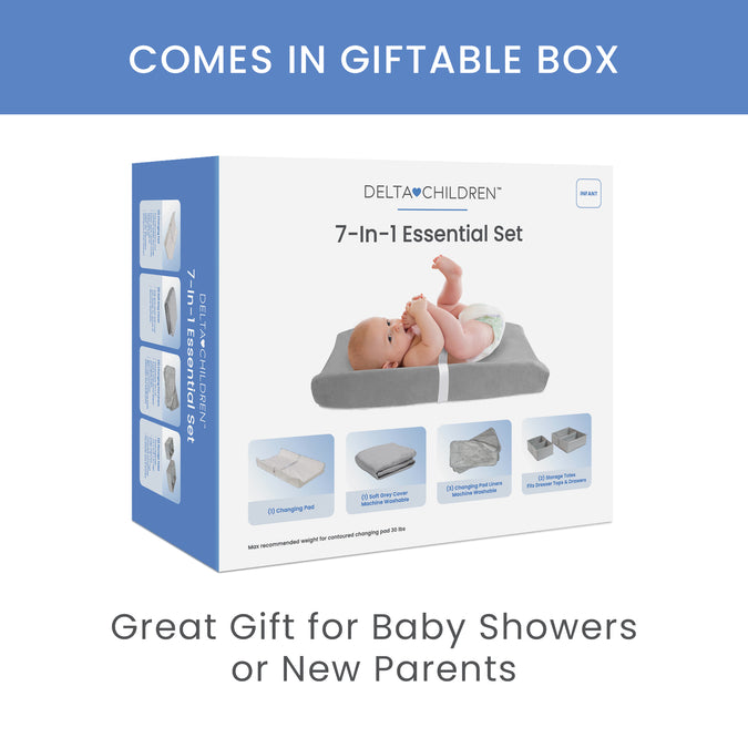 Grey Suede (5000) 7-7-Piece Essential Changing Table Set - Newborn Baby Gift Set for Boys and Girls – Set Includes Changing Pad, Plush Changing Pad Cover, 3 Changing Pad Liners and 2 Storage Bins