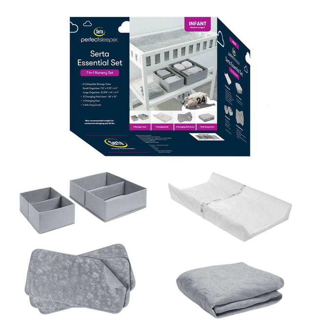 Grey (5057) 2-7-Piece Essential Changing Table Set - Newborn Baby Gift Set for Boys and Girls – Set Includes Changing Pad, Plush Changing Pad Cover, 3 Changing Pad Liners and 2 Storage Bins