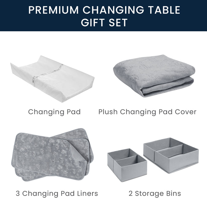 Grey (5057) 3-7-Piece Essential Changing Table Set - Newborn Baby Gift Set for Boys and Girls – Set Includes Changing Pad, Plush Changing Pad Cover, 3 Changing Pad Liners and 2 Storage Bins
