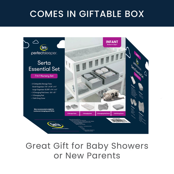 Grey (5057) 6-7-Piece Essential Changing Table Set - Newborn Baby Gift Set for Boys and Girls – Set Includes Changing Pad, Plush Changing Pad Cover, 3 Changing Pad Liners and 2 Storage Bins