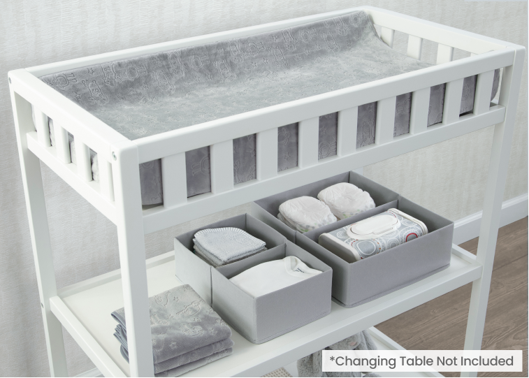 Grey (5057) 1-7-Piece Essential Changing Table Set - Newborn Baby Gift Set for Boys and Girls – Set Includes Changing Pad, Plush Changing Pad Cover, 3 Changing Pad Liners and 2 Storage Bins