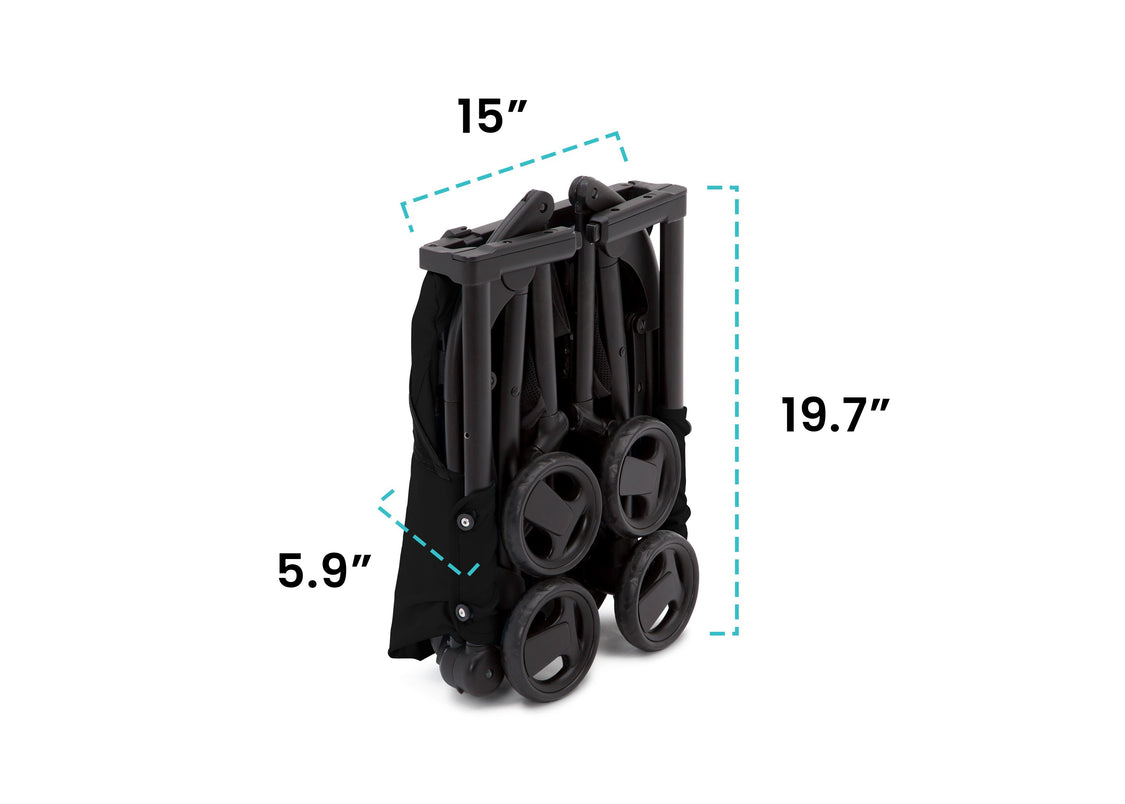 Delta Children Ultimate Fold N Go Compact Travel Stroller Black (001), folded view with dimensions a3a