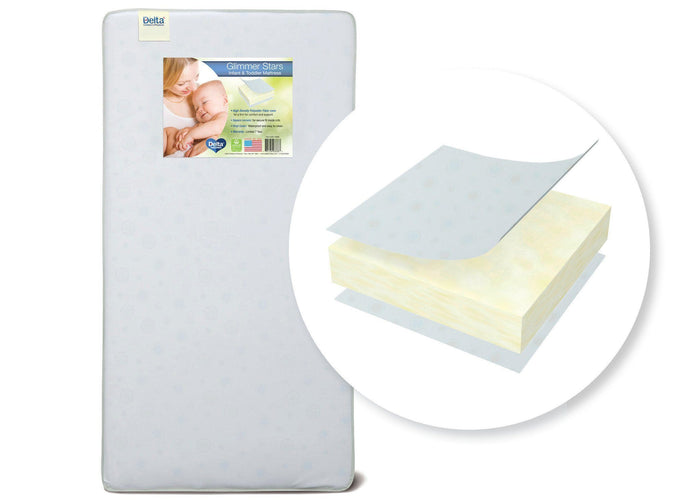 Delta Children Glimmer Stars Crib and Toddler Mattress Front View a1a No Color (NO) 0-Glimmer Stars Crib & Toddler Mattress