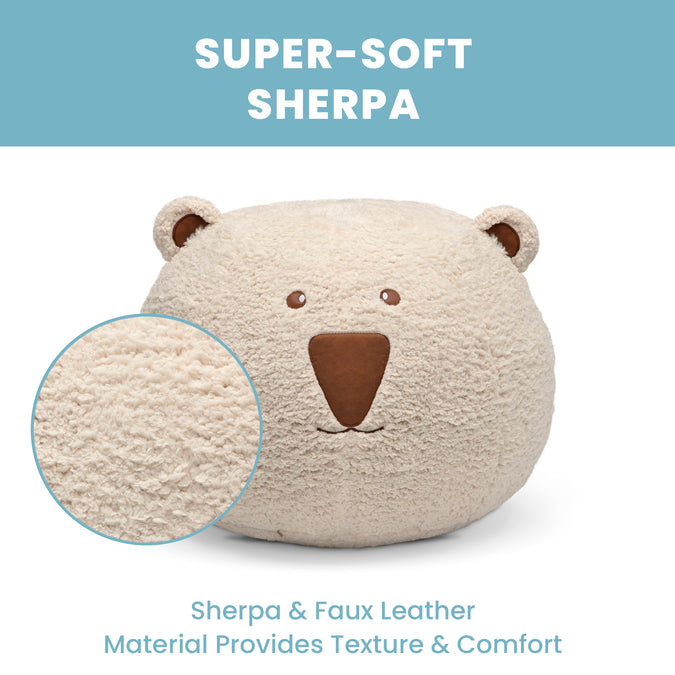 Cream Sherpa with Brown Leather (5047) 4-Bear Plush Foam Pouf Ottoman