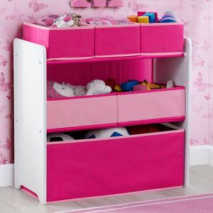 Delta Children Bianca White with Pink (130) Design and Store 6 Bin Toy Organizer, Hangtag View 7-Design and Store 6 Bin Toy Organizer