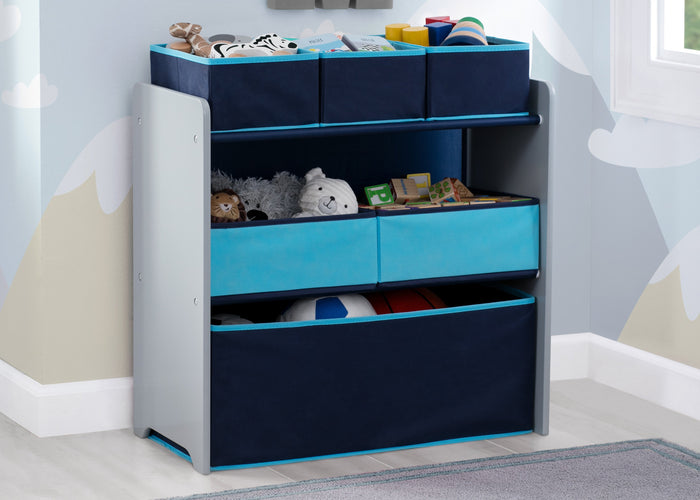 Delta Children Grey with Blue (026) Design and Store 6 Bin Toy Organizer, Hangtag View 1-Design and Store 6 Bin Toy Organizer