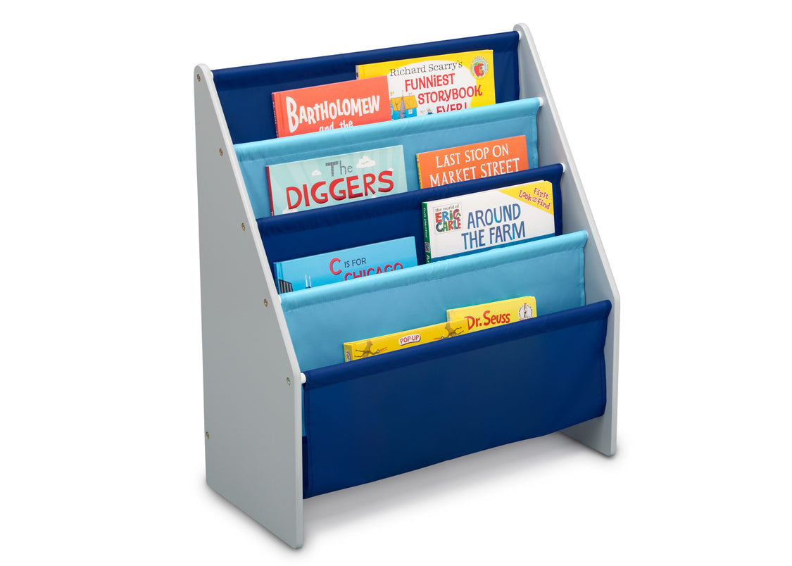Delta Children Grey/Blue (026) Sling Book Rack Bookshelf for Kids, Right Silo View with Props Grey (026)