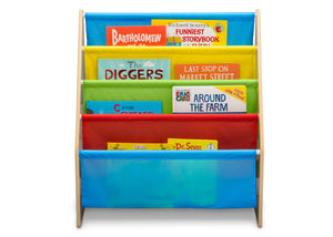 Delta Children Natural/Primary (1189) Sling Book Rack Bookshelf for Kids, Front Silo View with Props Natural and Primary Colors (1189) 29