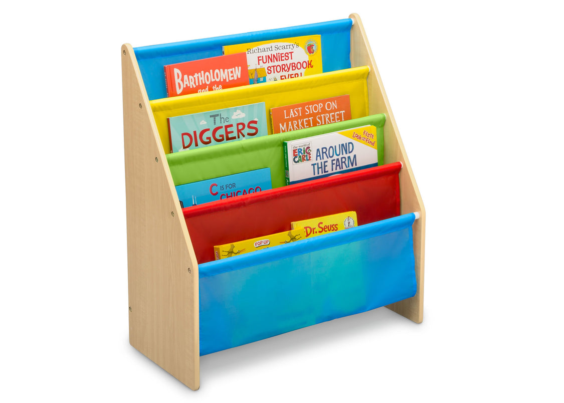 Delta Children Natural/Primary (1189) Sling Book Rack Bookshelf for Kids, Right Silo View with Props Natural and Primary Colors (1189)