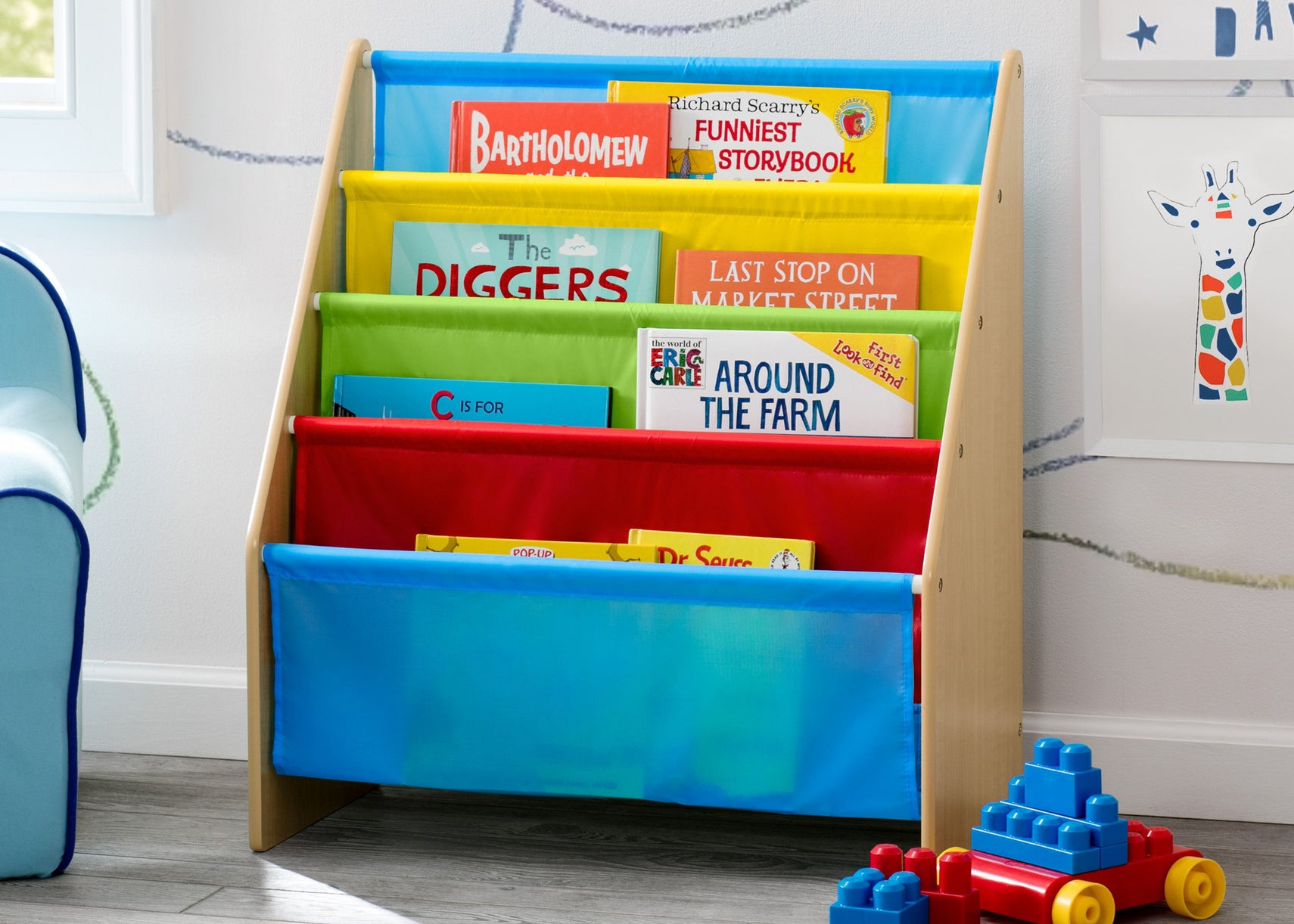 Delta Children Natural/Primary (1189) Sling Book Rack Bookshelf for Kids, Hangtag View Natural and Primary Colors (1189)