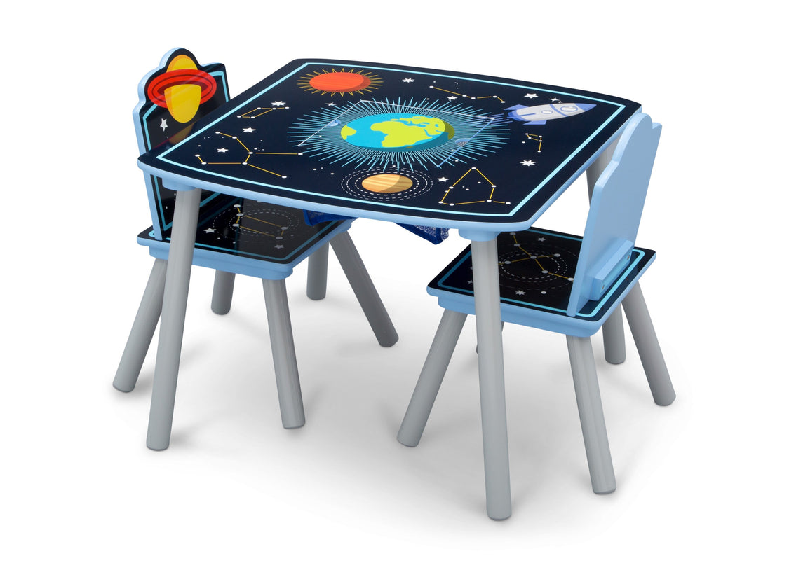 Delta Children Space Adventures (1223) Kids Wood Table and Chair Set with Storage, Left Silo View with Chairs In