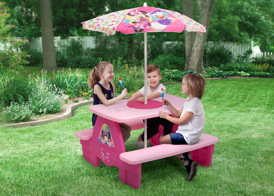 Minnie Mouse (1063) 1-Minnie Mouse 4 Seat Activity Picnic Table with Umbrella and LEGO Compatible Tabletop