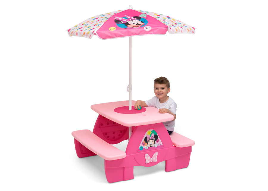 Minnie Mouse (1063) 5-Minnie Mouse 4 Seat Activity Picnic Table with Umbrella and LEGO Compatible Tabletop