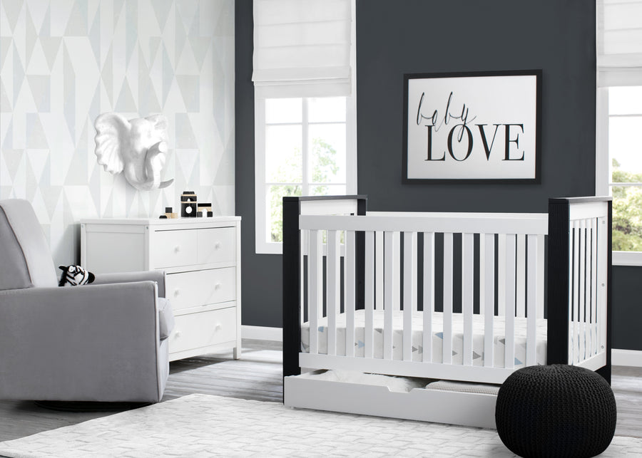 Miles 4-in-1 Convertible Crib + Under Crib Roll-Out Storage Bianca with Midnight (181) 1-Miles 4-in-1 Convertible Crib + Under Crib Roll-Out Storage