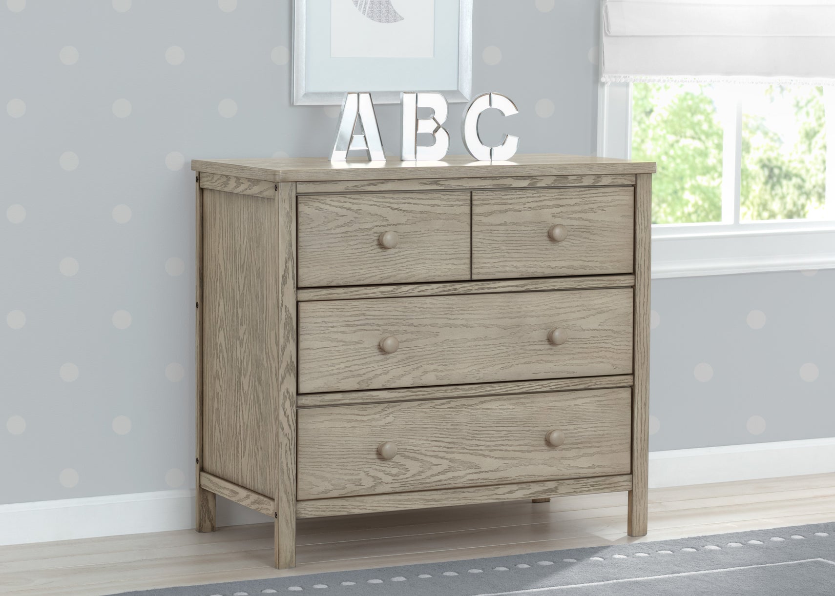 Delta Children Textured Limestone (1340) Middleton 3 Drawer Dresser, Hangtag View
