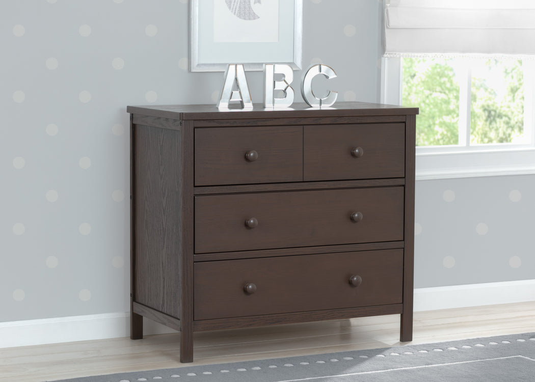 Delta Children Textured Cocoa (1350) Middleton 3 Drawer Dresser, Hangtag View