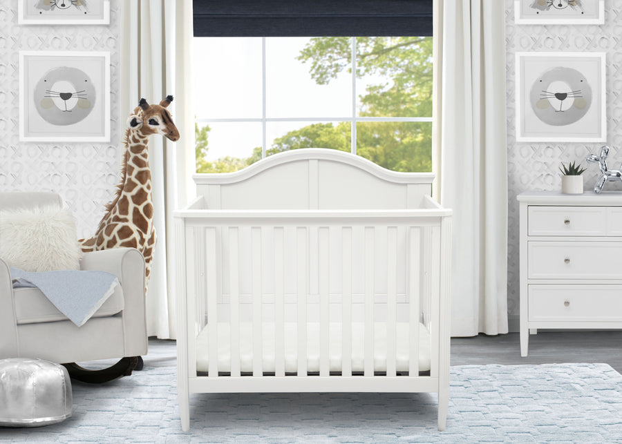Bianca White (130) 1-Parker Mini Convertible Baby Crib with Mattress and 2 Sheets