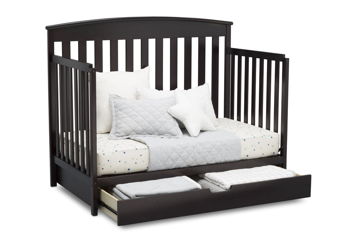Delta Children Duke 4-in-1 Convertible Baby Crib with Under Drawer, Dark Chocolate (207) Day Bed Right View with Drawer Open a6a