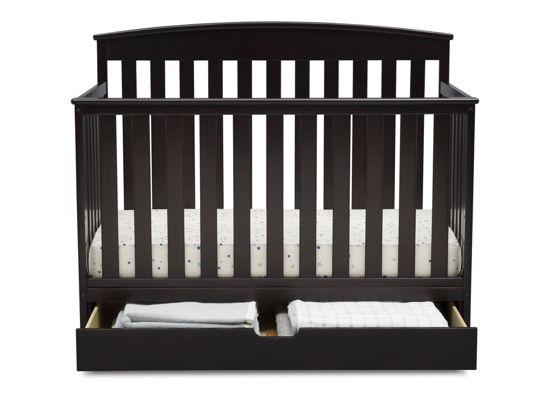 Delta Children Duke 4-in-1 Convertible Baby Crib with Under Drawer, Dark Chocolate (207) Front Crib View with Drawer Open a3a