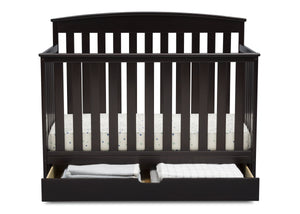 Delta Children Duke 4-in-1 Convertible Baby Crib with Under Drawer, Dark Chocolate (207) Front Crib View with Drawer Open a3a 4