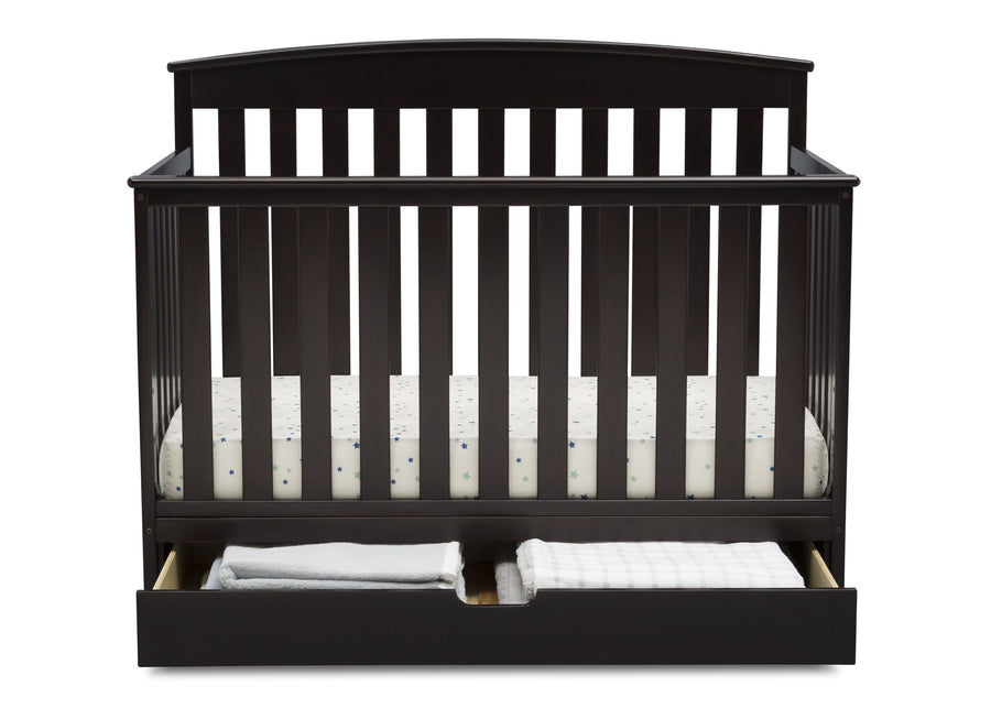 Delta Children Duke 4-in-1 Convertible Baby Crib with Under Drawer, Dark Chocolate (207) Front Crib View with Drawer Open a3a 4-Duke 4-in-1 Convertible Baby Crib with Under Drawer