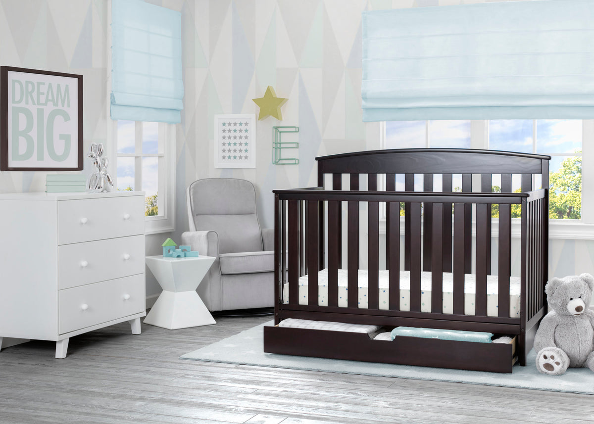 Delta Children Duke 4-in-1 Convertible Baby Crib with Under Drawer, Dark Chocolate (207) Crib Roomshot View a1a