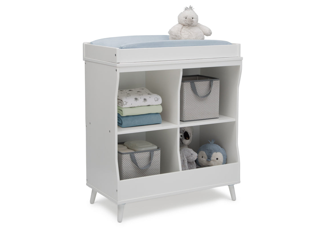 Delta Children Bianca White with Natural (123) Essex Changing Table/Bookcase, Right Silo View