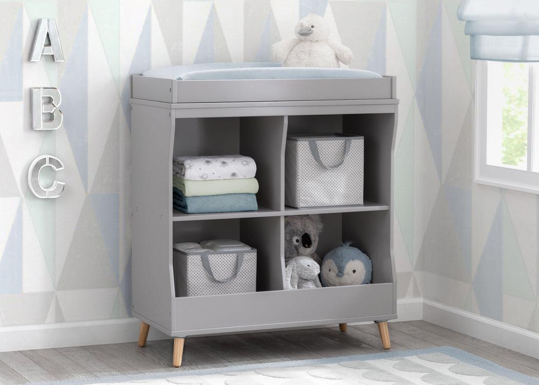 Delta Children Grey with Natural (1359) Essex Changing Table/Bookcase, Hangtag View
