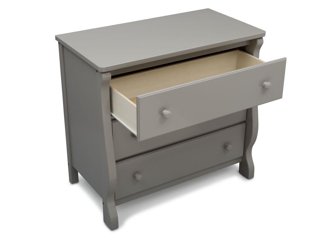 Delta Children Grey (026) Universal 3 Drawer Dresser Open Drawer Silo View
