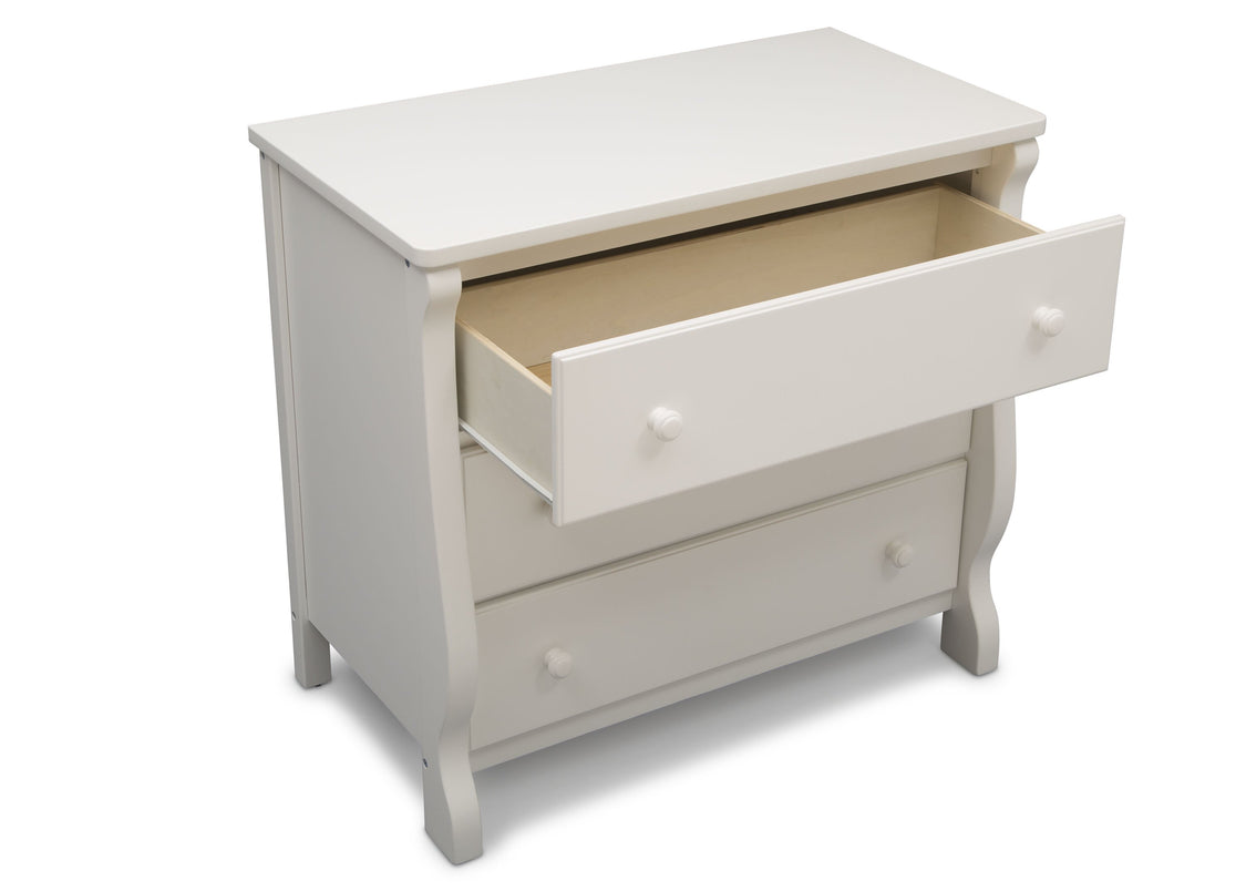 Delta Children White (100) Universal 3 Drawer Dresser Open Drawer Silo View